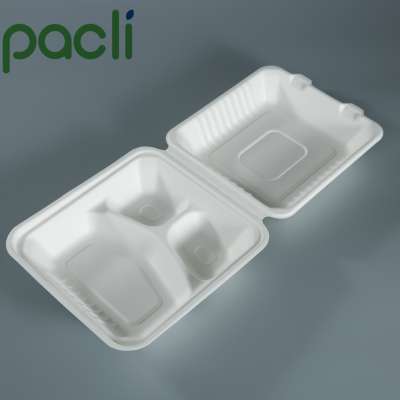 3 compartment biodegradable sugarcane bagasse fiber clamshell food containers