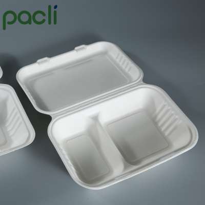 Disposable Paper Pulp Bagasse 3 Compartment Clamshell Food Container